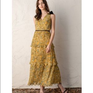 Yellow Floral Print Pleated Maxi Dress